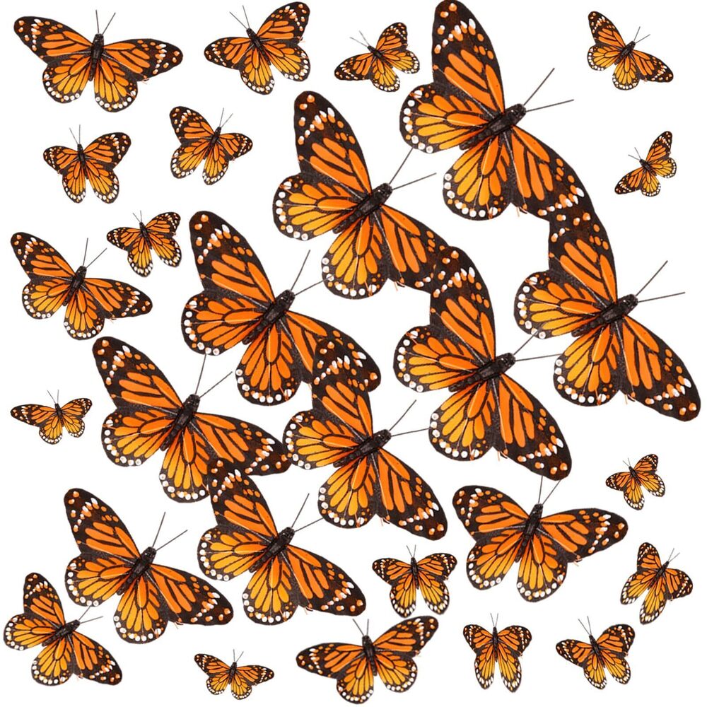 6343 120 Pcs 3D Feather Monarch Butterfly Decor 4 Size Butterfly Wall